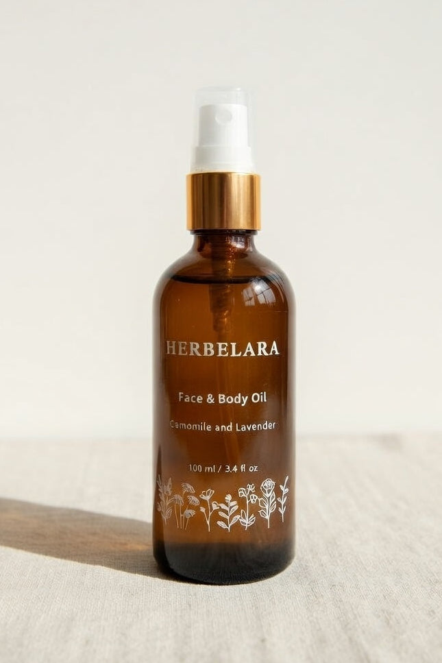 Herbelara face and body oil bottle on a light background