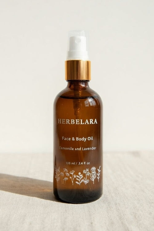 Herbelara face and body oil bottle on a light background