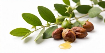 A close-up of a green botanical branch with oval leaves and several brown nuts, with one cracked nut showing a small pool of golden oil on a white background.