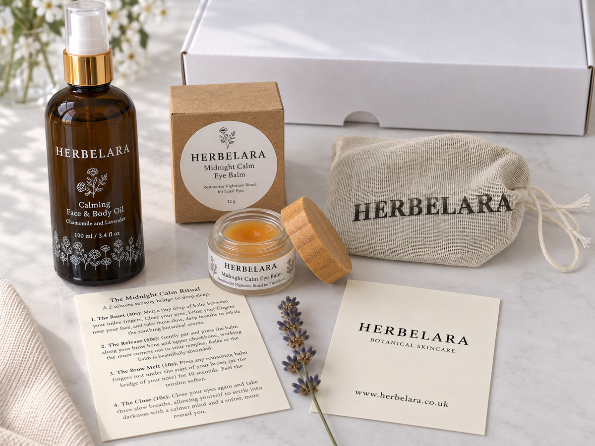 Herbelara skincare gift set arranged on a light marble surface, including a face and body oil bottle, an eye balm jar with wooden lid, kraft box, drawstring pouch, printed instructions, and a branded card, with a white gift box in the background.