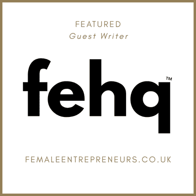 Logo and text for 'fehq' featuring 'Female Entrepreneurs.co.uk' on a white background.