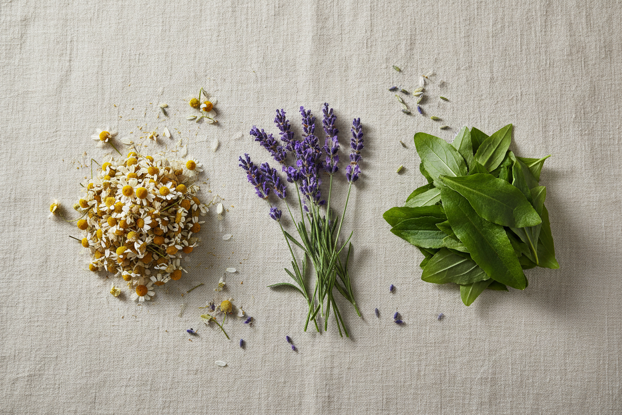 Three groups of herbs and flowers on a textured beige surface