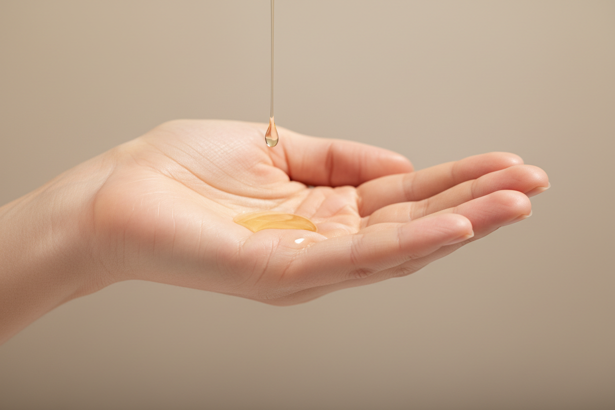 Hand holding a small amount of yellow gel-like substance against a beige background